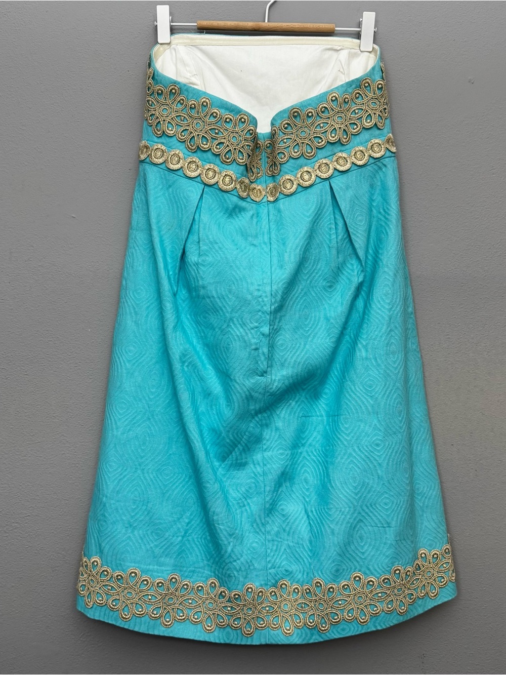 Lilly Pulitzer Betsey Strapless Wave Jacquard Dress Aqua Blue Gold Lace Trim 6 - Picture 7 of 14